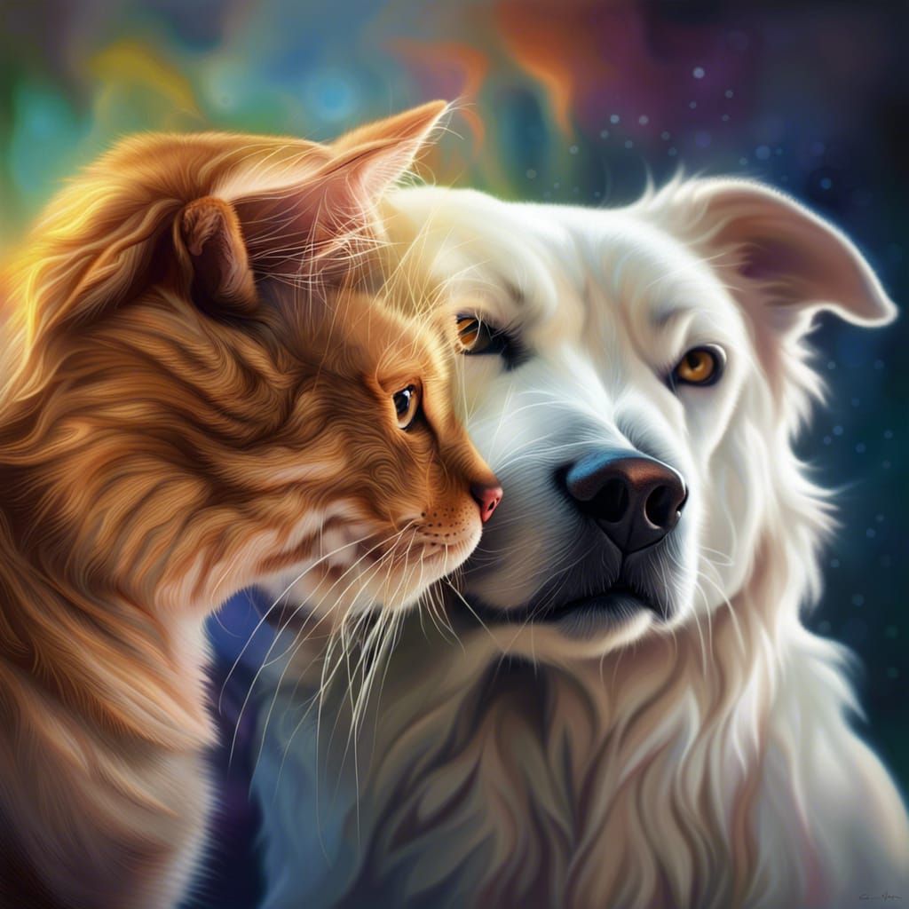 Photorealistic Dog and Cat Tenderness in Digital Art