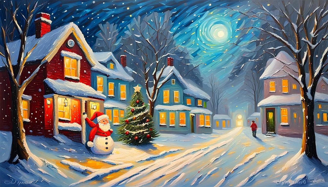 Blizzard on Christmas Night: Impasto Oil Painting