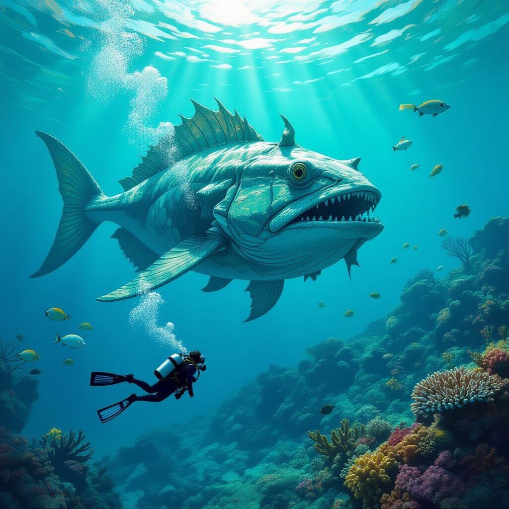 Giant Sea Scorpion Attacks Diver, Hyperrealistic Digital Art