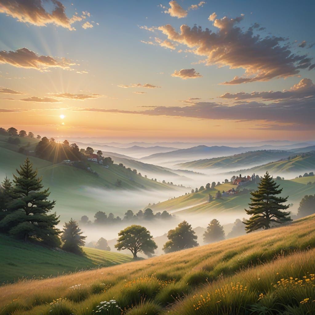 Dawn's Golden Glow Illuminates Serene Landscape