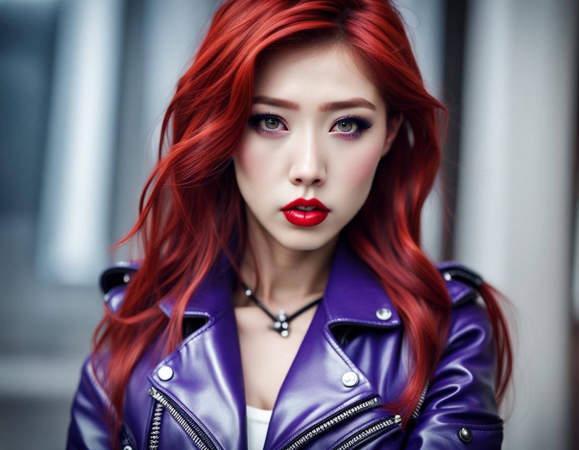 Beautiful Korean Woman with Red Hair and Blue Jacket