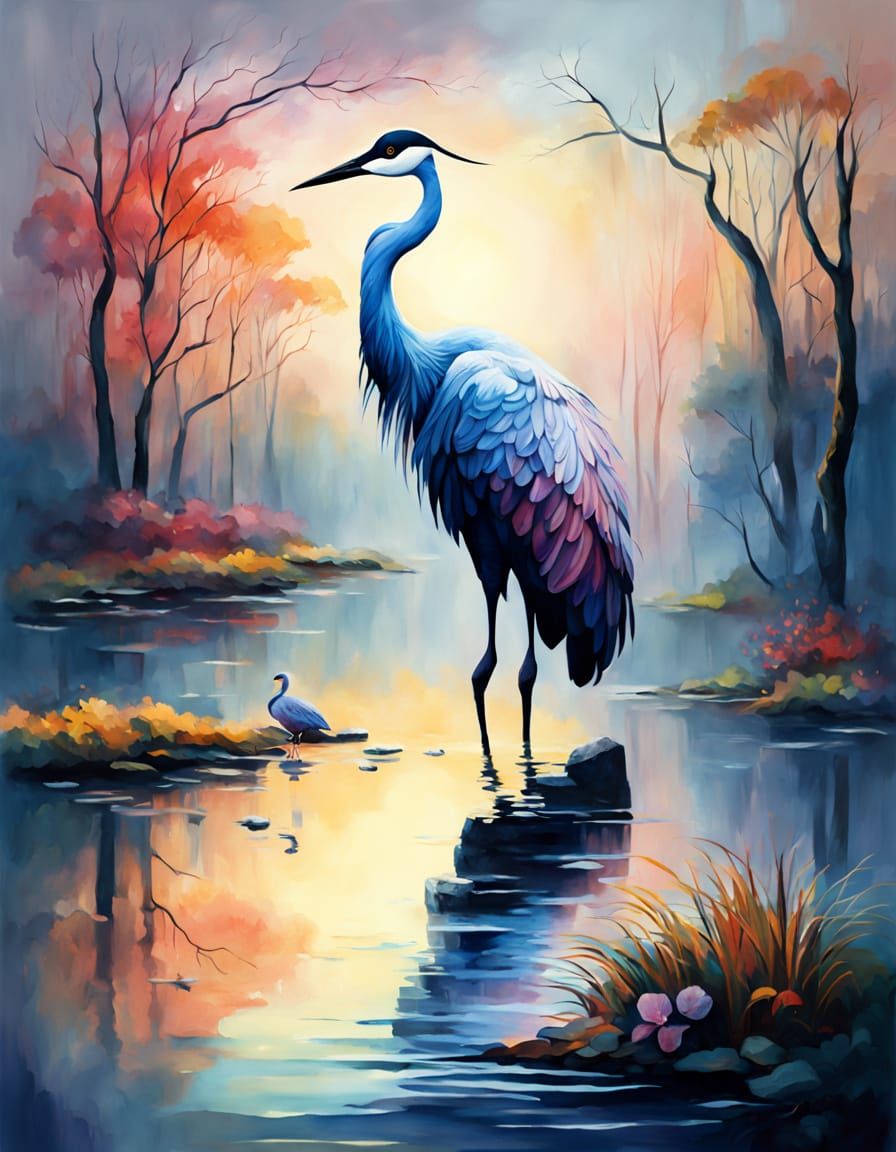 Majestic Crane Sculpted from Iridescent Oil Paints