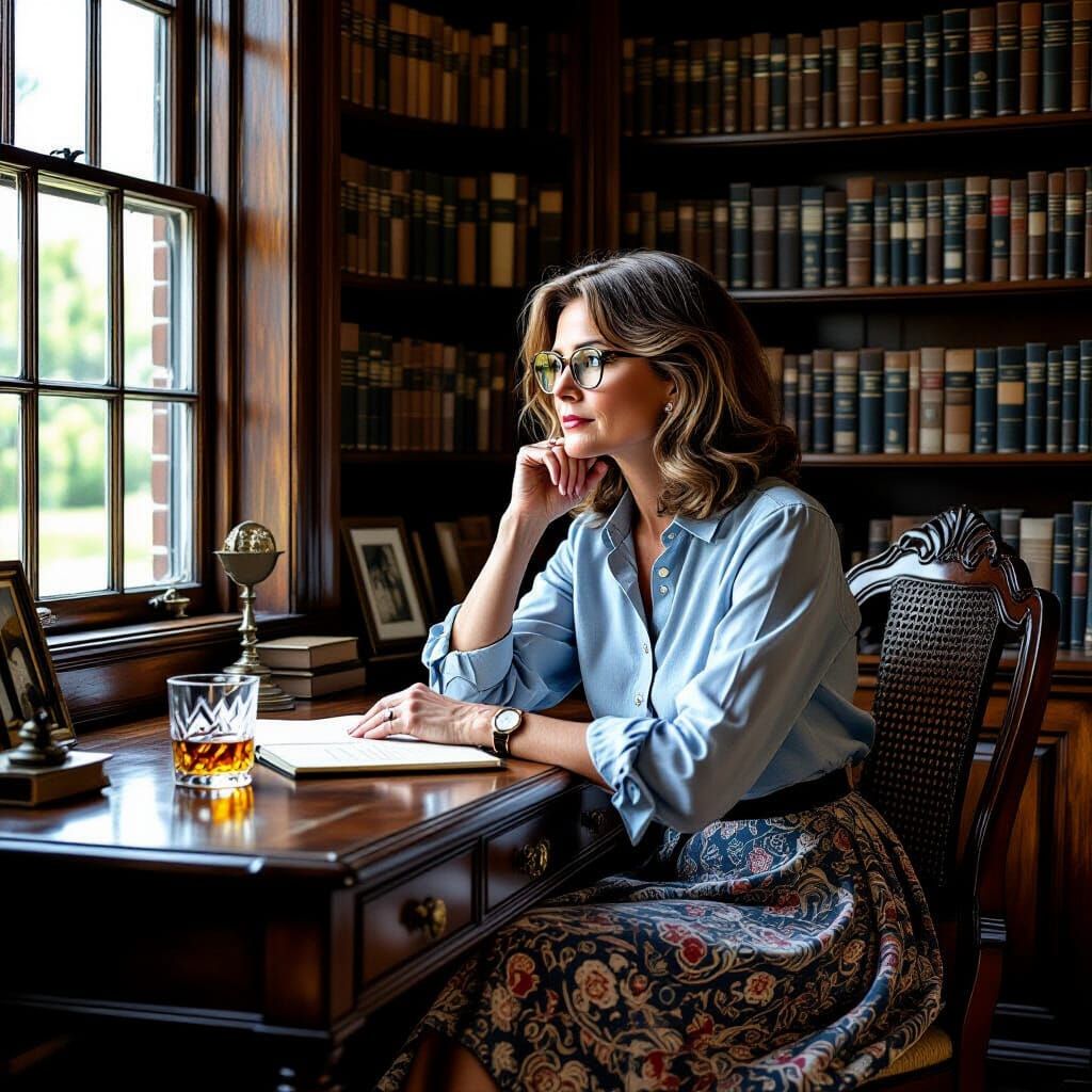Contemplative Woman in Library, Monochrome Art Style