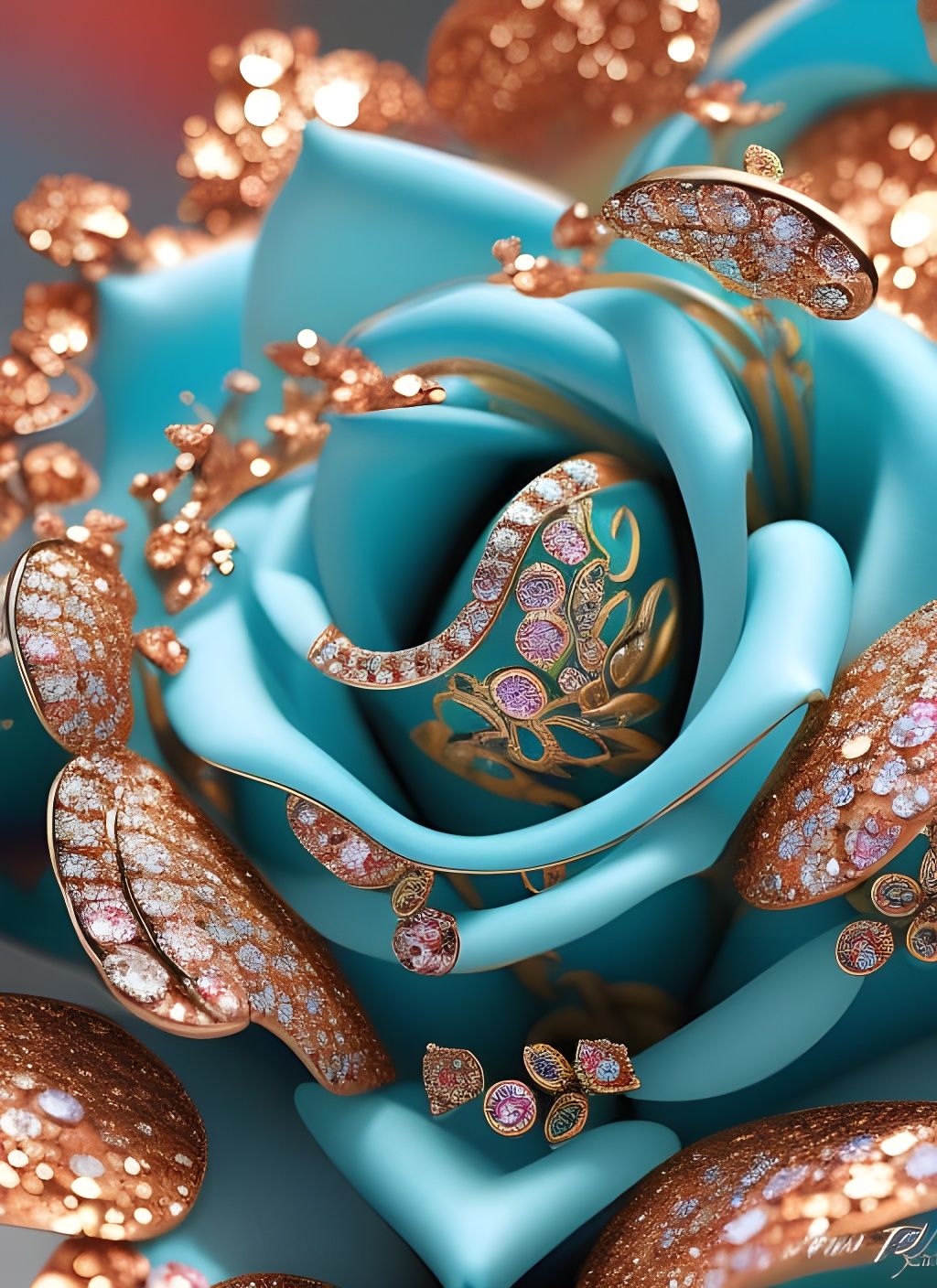 Intricate Turquoise Rose Macro Photography with Gold Leaf
