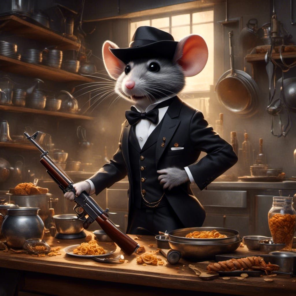 Cartoon Rat Mafia Goon in Fantasy Kitchen