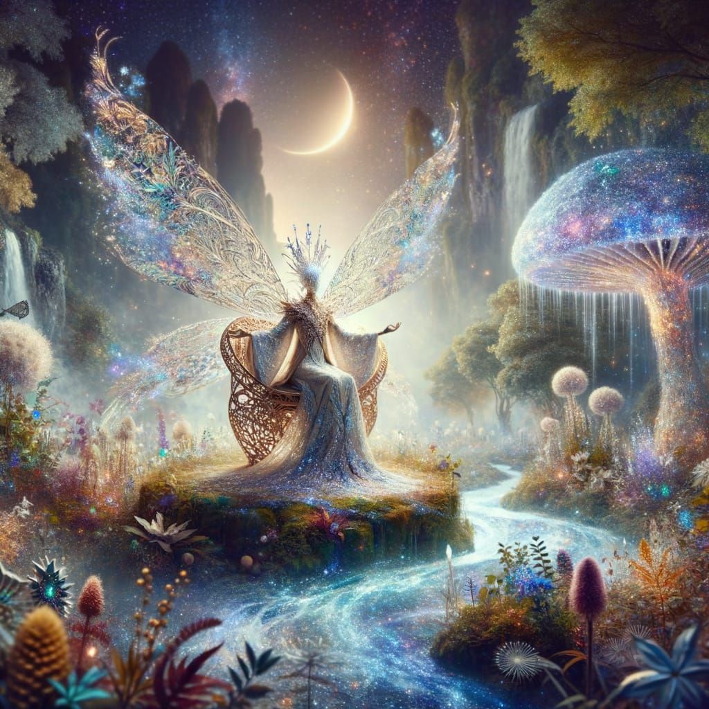 Ethereal Fairy Queen on Mushroom Throne, Starlight Wings