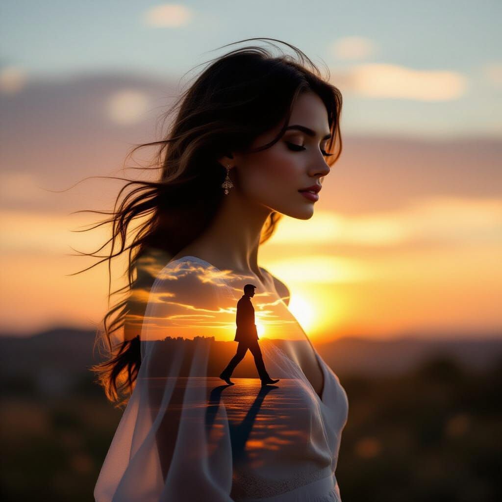 Double Exposure of Woman With Walking Man Silhouette at Suns...