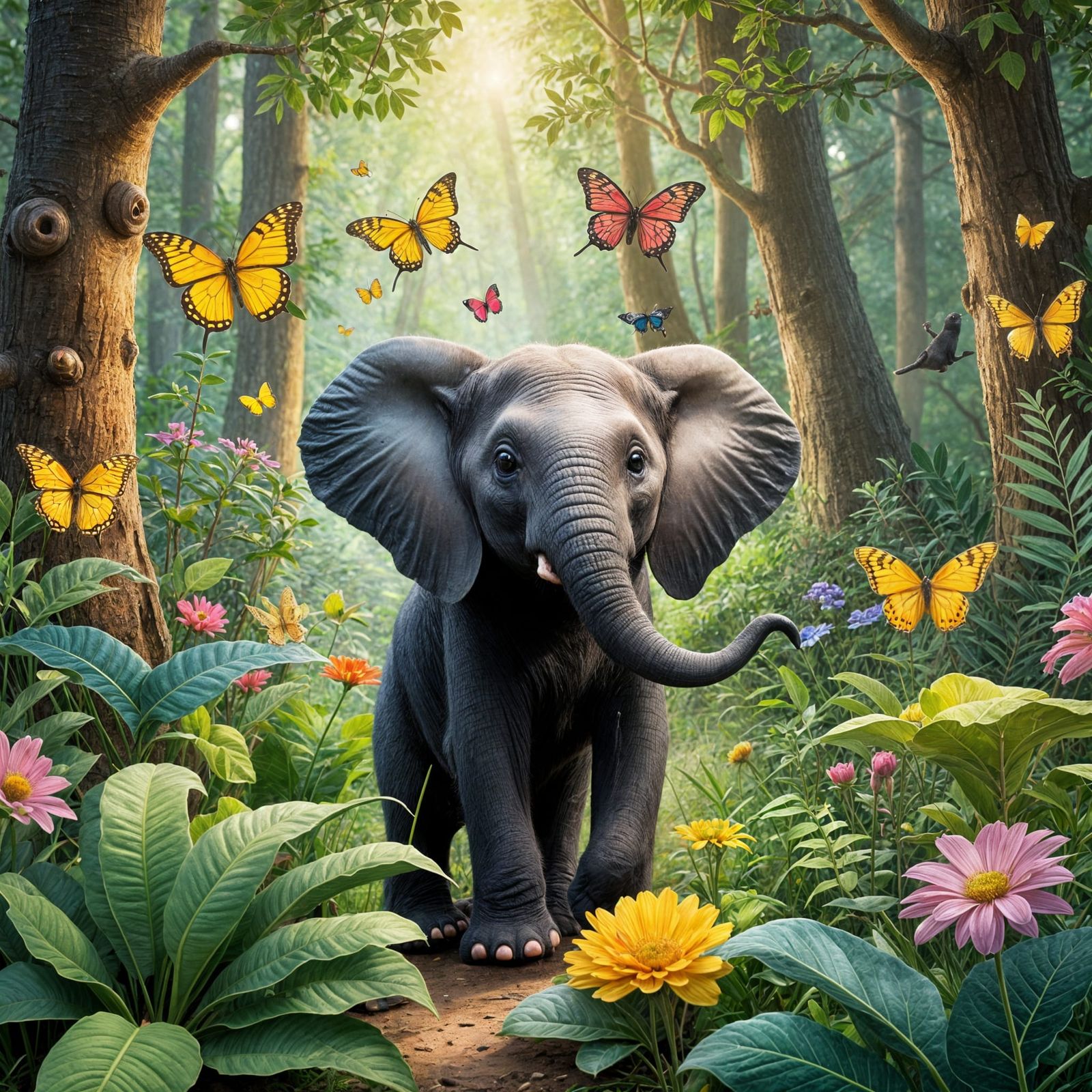Cute Baby Elephant in Whimsical Nature Scene