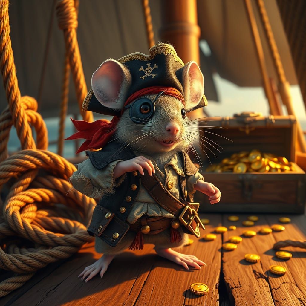 Pirate Mouse in Gilded Pirate Gear on Ancient Galleon