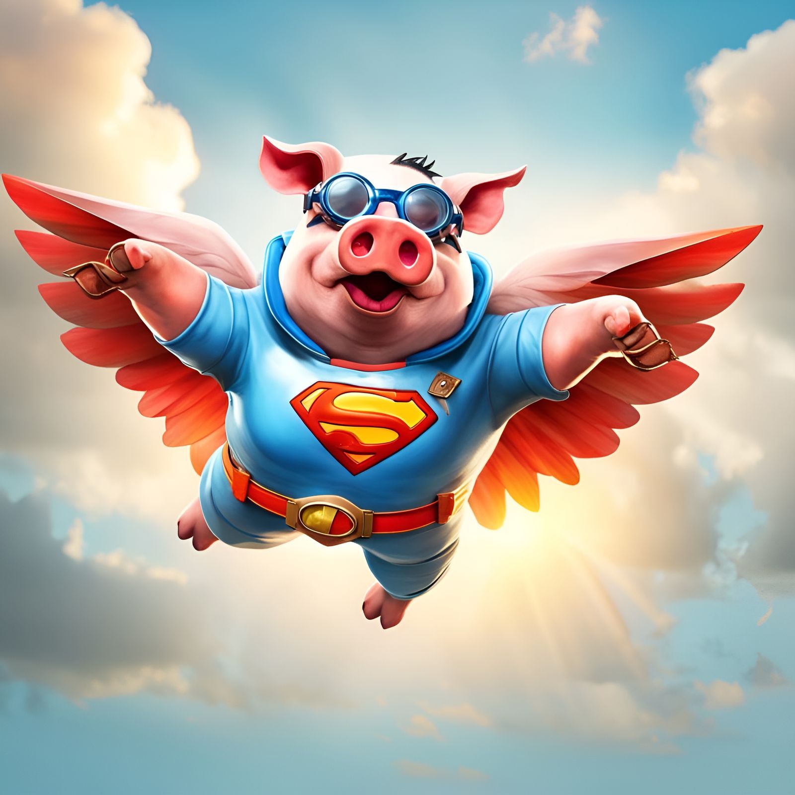 Heroic Flying Mechanical Pig in Sci-Fi Sunset