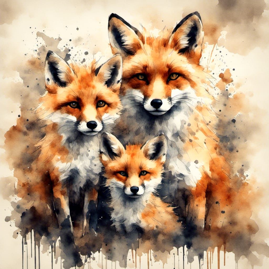 Fox Family in Antique Watercolor Style
