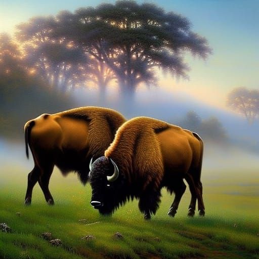 Three-Horned Bison in Ethereal Fantasy Landscape