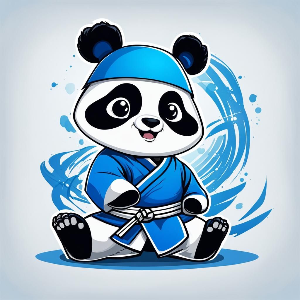 Blue Cartoon Panda Practicing Kudo Martial Arts