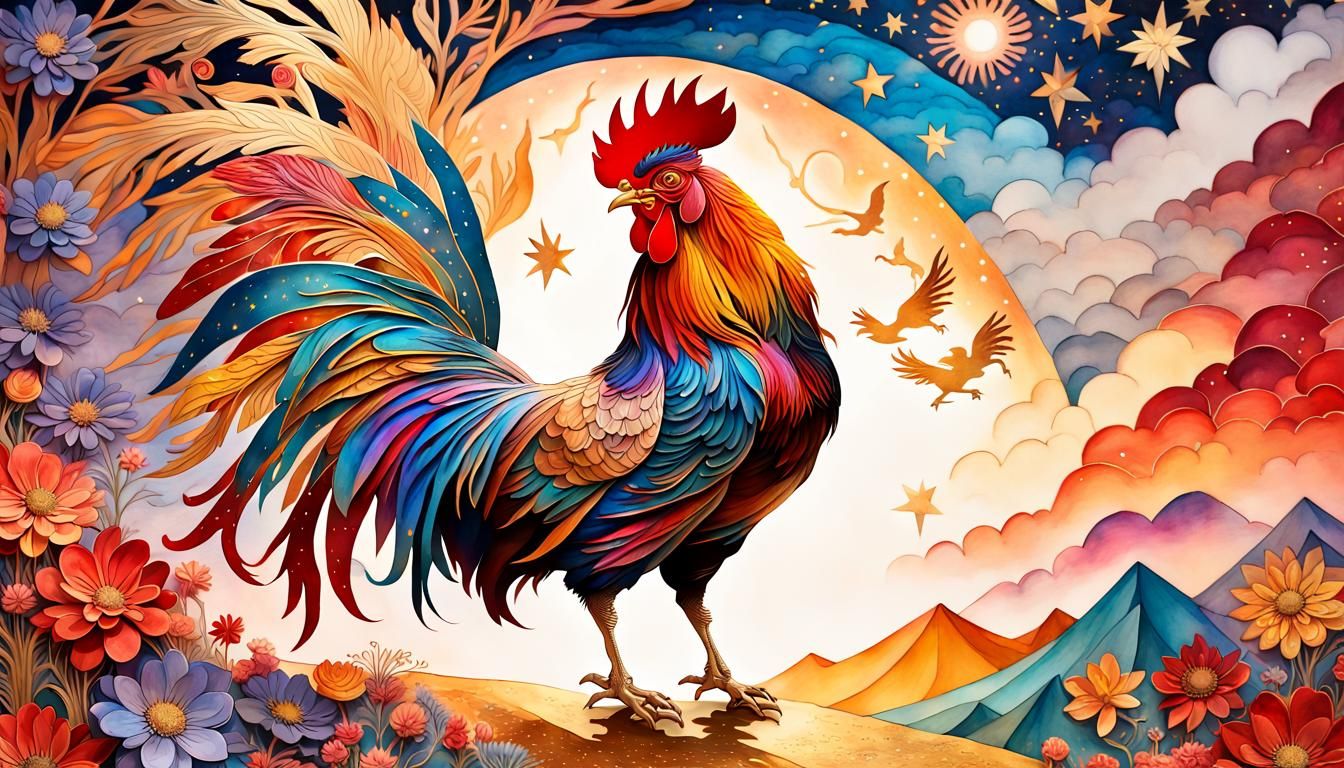 Colorful Rooster Chariot Soaring into Starry Night