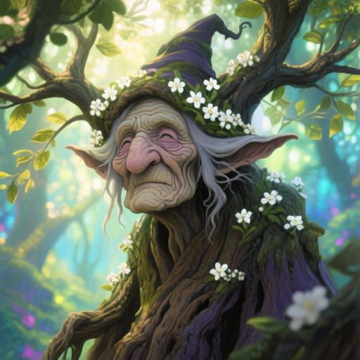 Elder Tree Witch Adorned With Flowers in Ethereal Light