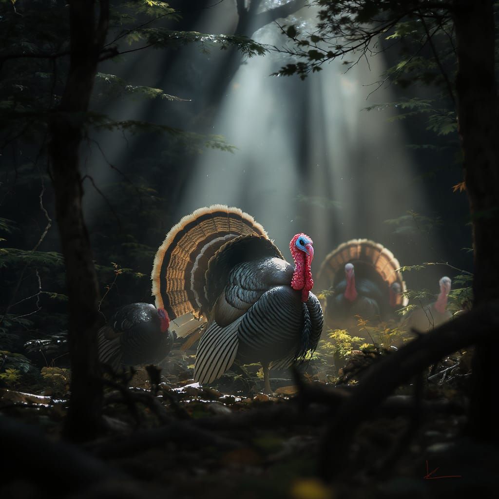 Wild Turkeys in Sunlit Forest