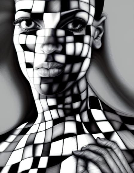 Checkerboard Portrait in Pastel Line Art Style