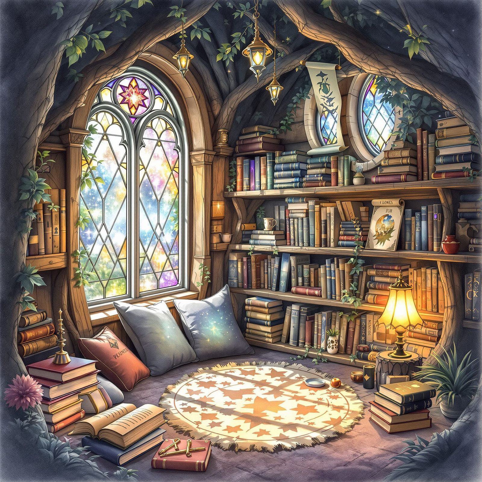 Fantastical Treehouse Reading Nook in Watercolor Style