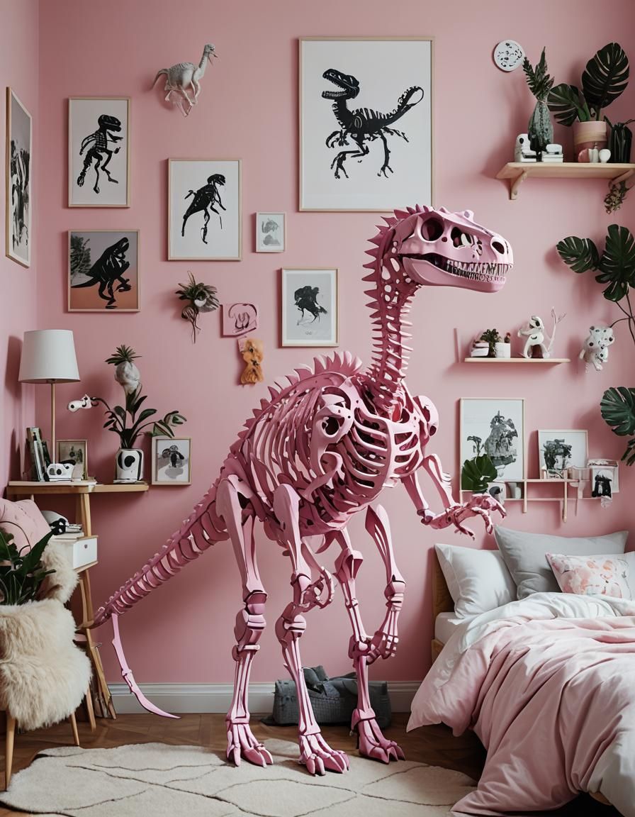 Pink Dinosaur Skeleton in Kid's Bedroom
