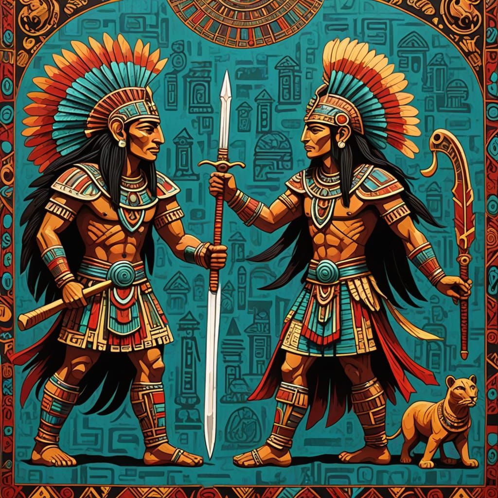Aztec Warriors Preparing for Ritual in Tapestry Style
