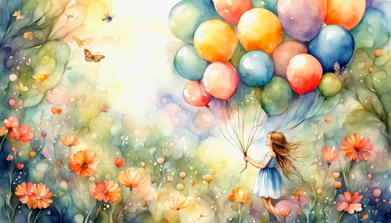 Watercolor Balloons Fairy Art