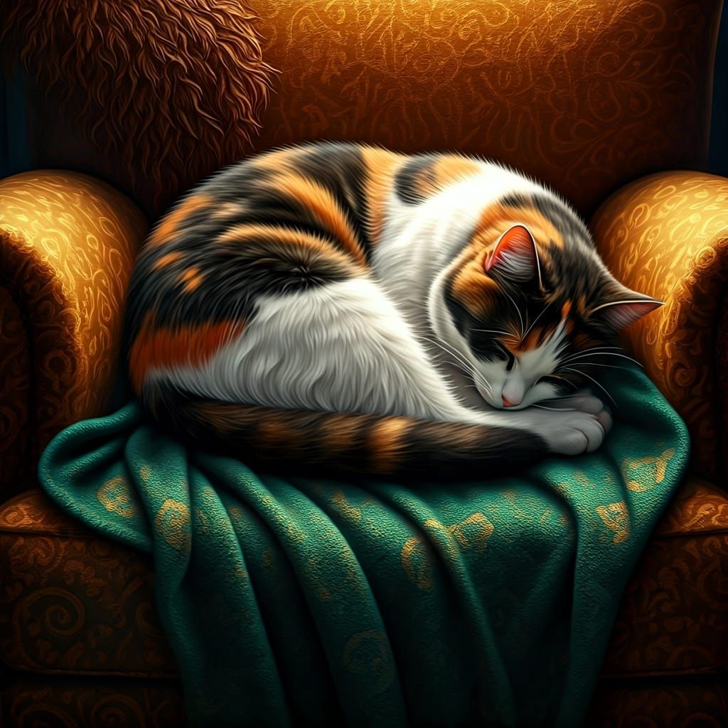 Calico Cat Asleep on Green Blanket