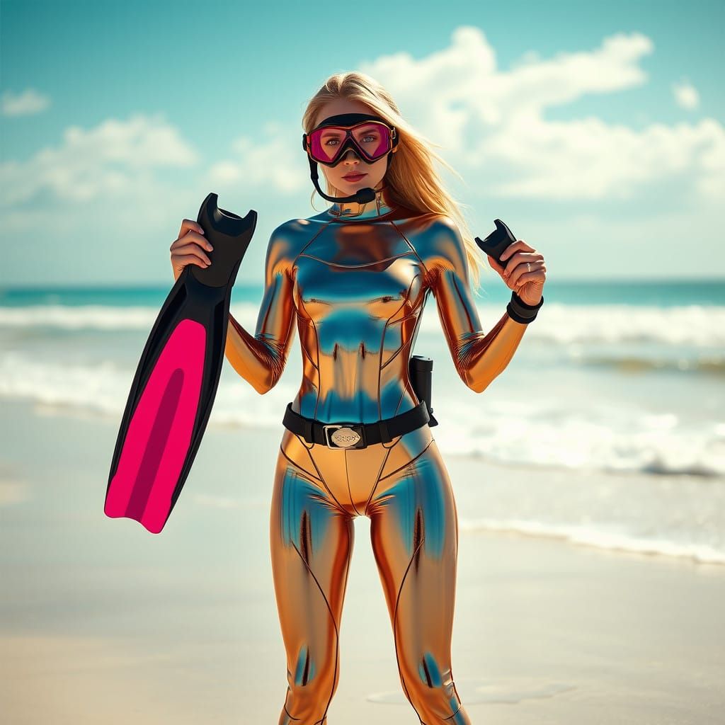 Slender Blonde Diver Ready for Underwater Adventure in Shiny...