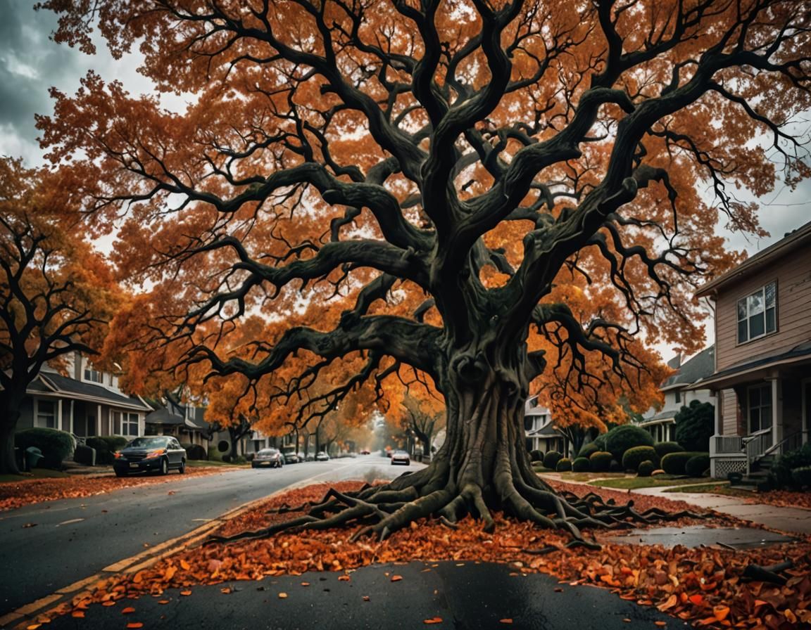 Ominous Oak Tree in Dark Surrealism Style