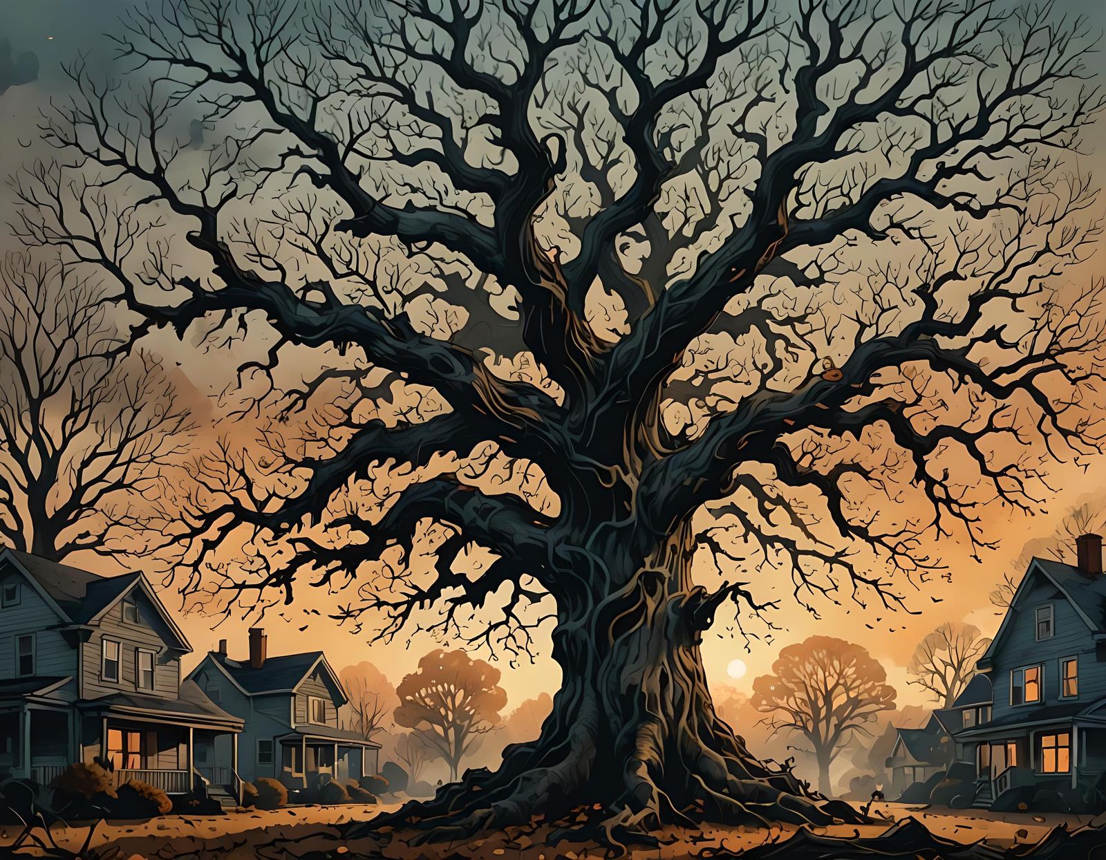 Spooky Autumn Oak Tree in Suburb