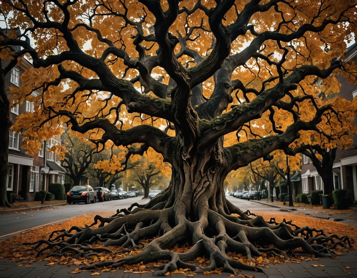 Gnarled Oak Tree in Autumn: Dark Romanticism