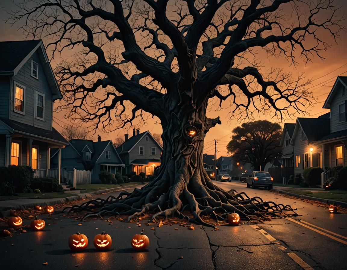 Ominous Oak Tree in Dark Fantasy Illustration