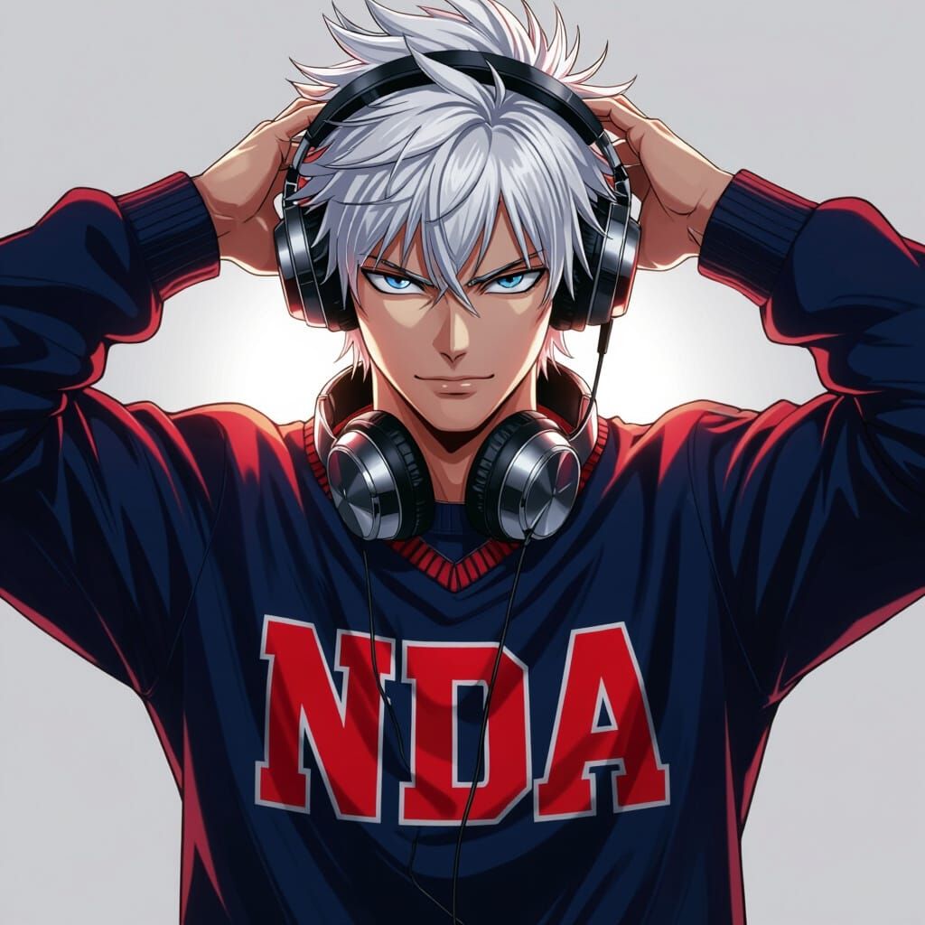 Handsome Anime Man with White Hair and NDA Sweater