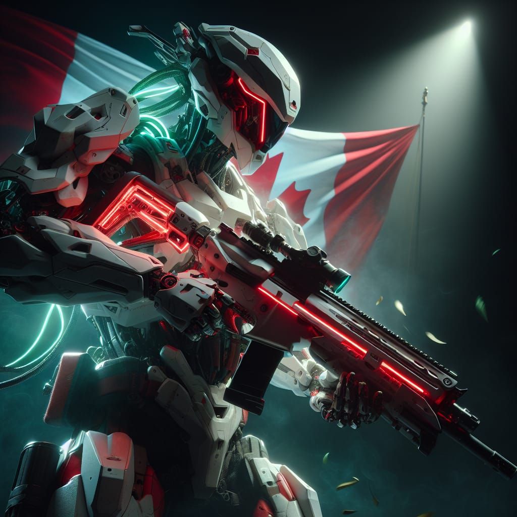 Hyperrealistic Mech Warrior with Neon Carbine and Flag