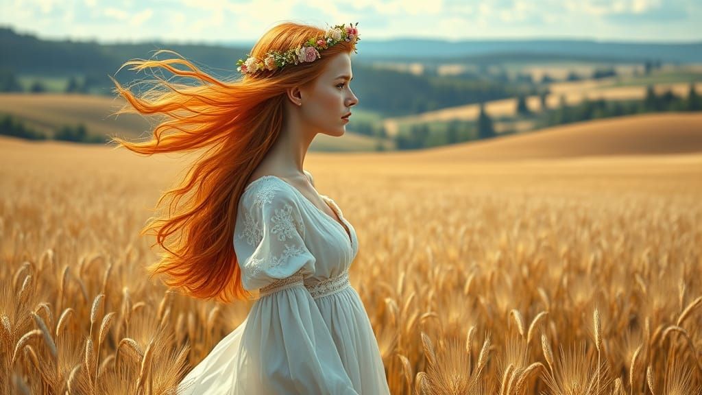 Young Woman in Field of Golden Wheat with Wildflowers