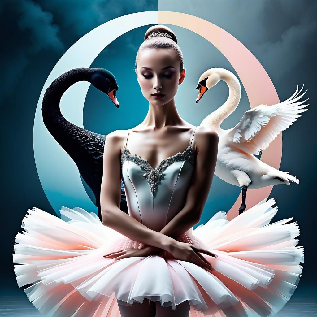 Yin Yang Swans Double Exposure with Ballerina Silhouette
