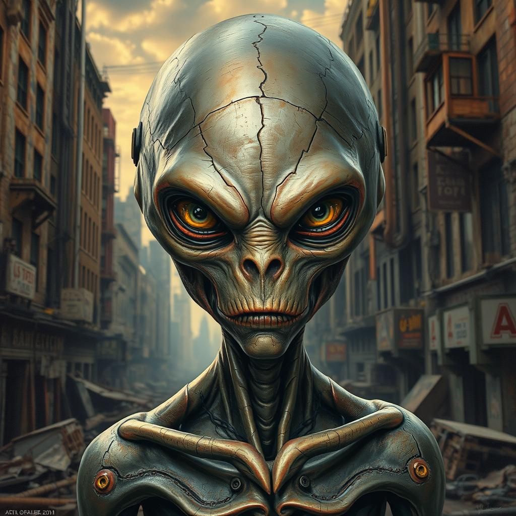 Disgusted Alien in Industrial Cityscape: Hyperrealistic Oil ...