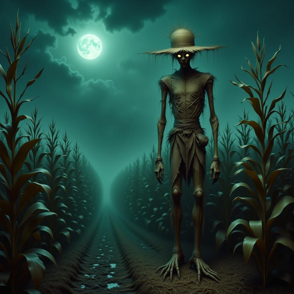 Mysterious Scarecrow in Moonlit Surreal Cornfield