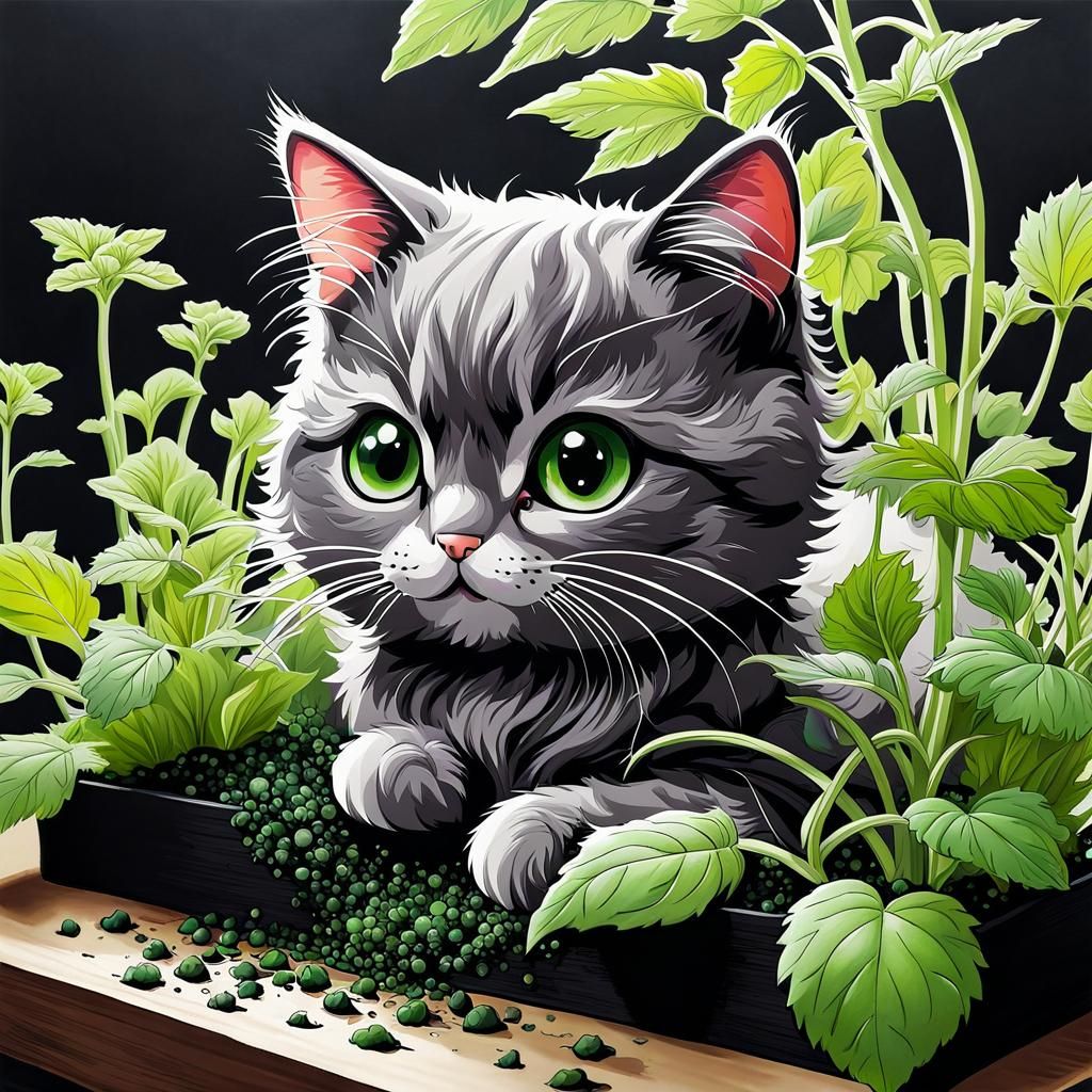 Adorable Chibi Cat's Catnip Adventure: Anime Ink Painting