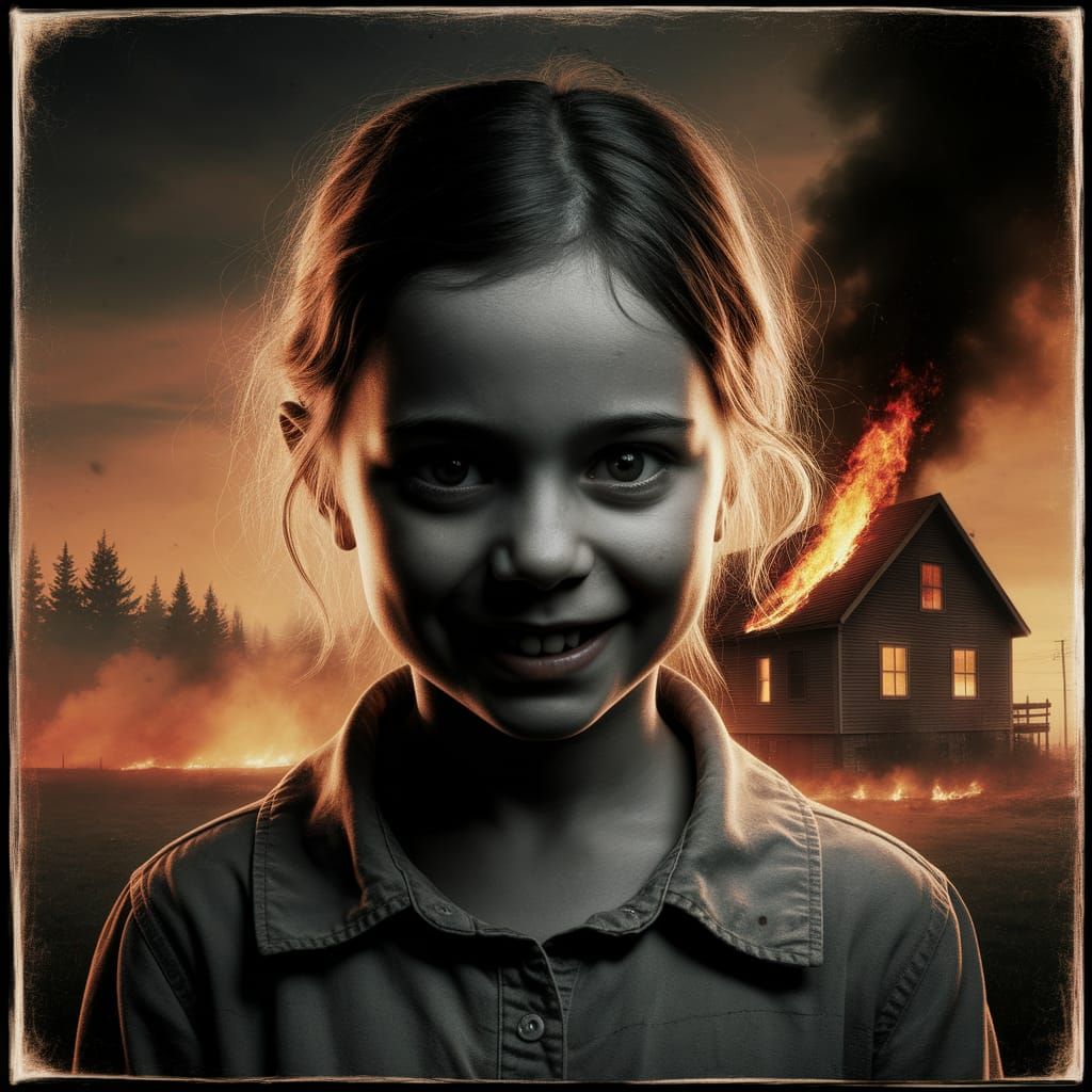 Sinister Girl Amidst Burning House, Cinematic Film Still