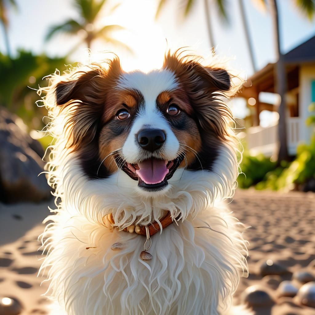 Happy Pet on Tropical Beach with Palm Trees