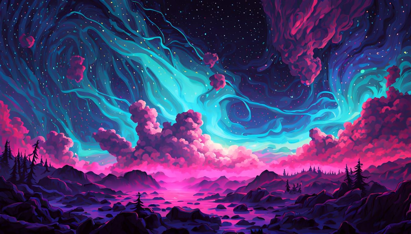 Neon Cosmic Landscape: Quantum Auroras in Celestial Harmony