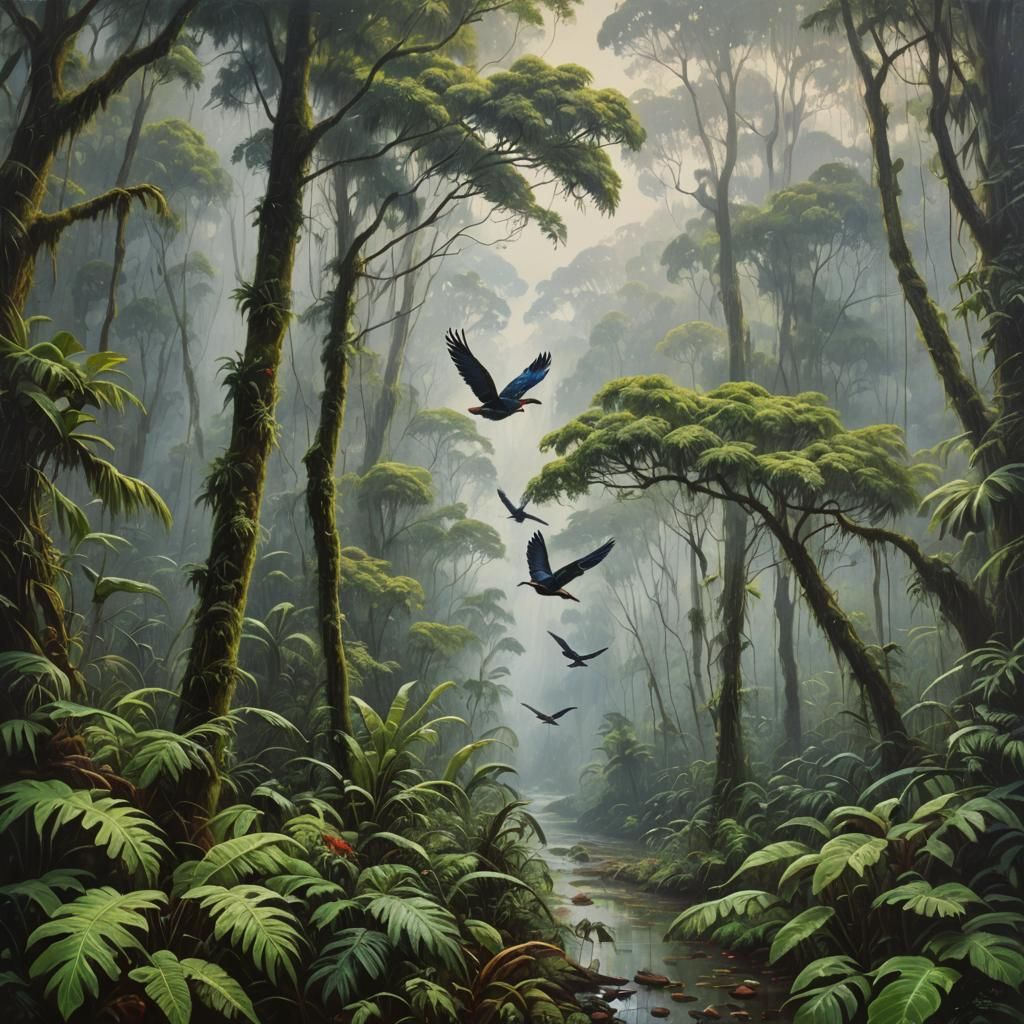 Lush Rainforest Scene in Morning Mist, Oil Painting