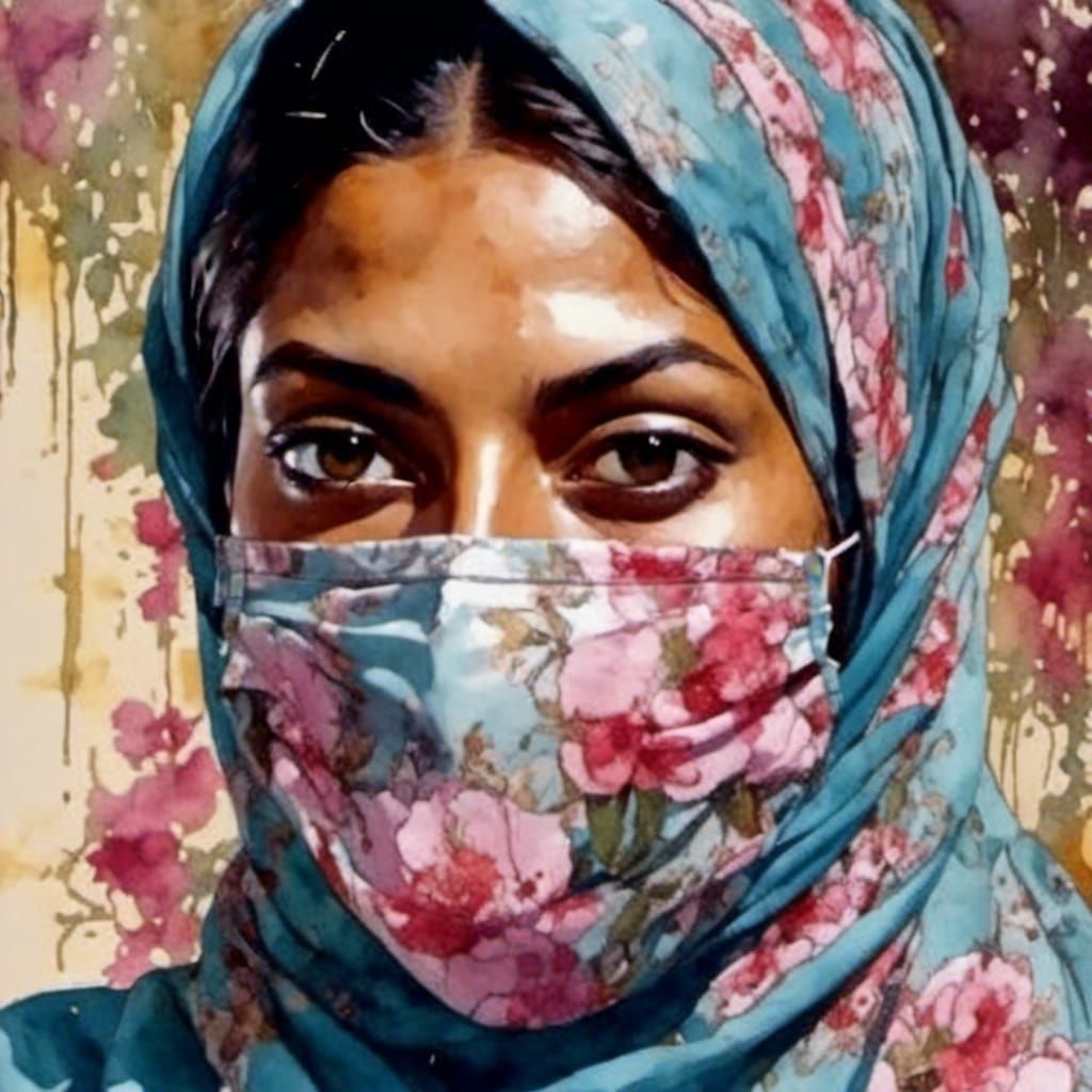 Beautiful Masked Woman Portrait in Watercolor Style
