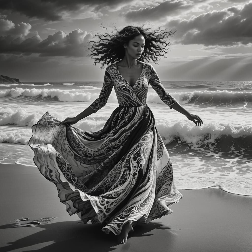 Woman Dancing on Beach in Black and White