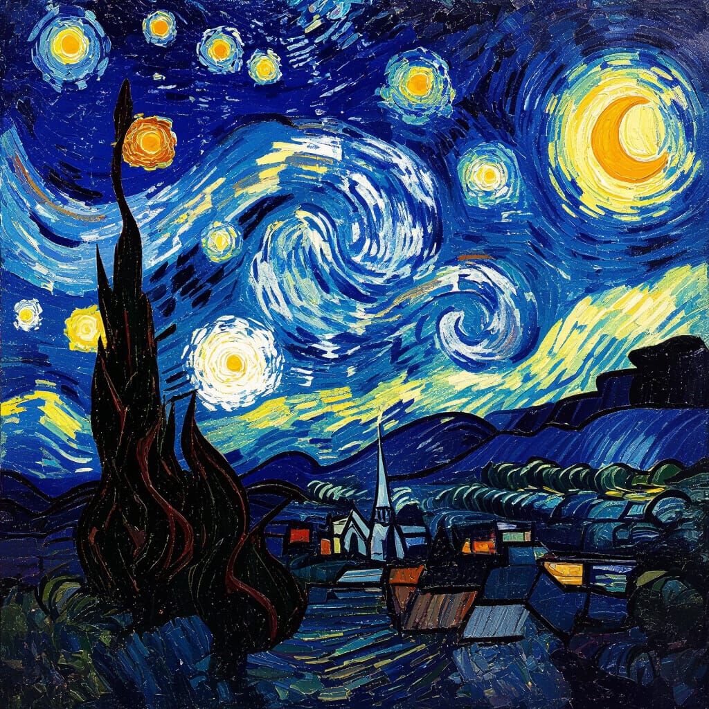 Village Under Swirling Starry Night Sky Impasto Painting