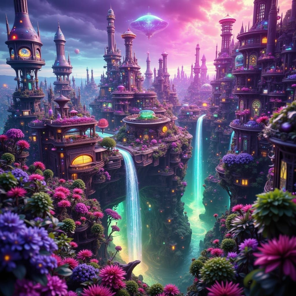 Futuristic Floating Island City with Steampunk and Neon