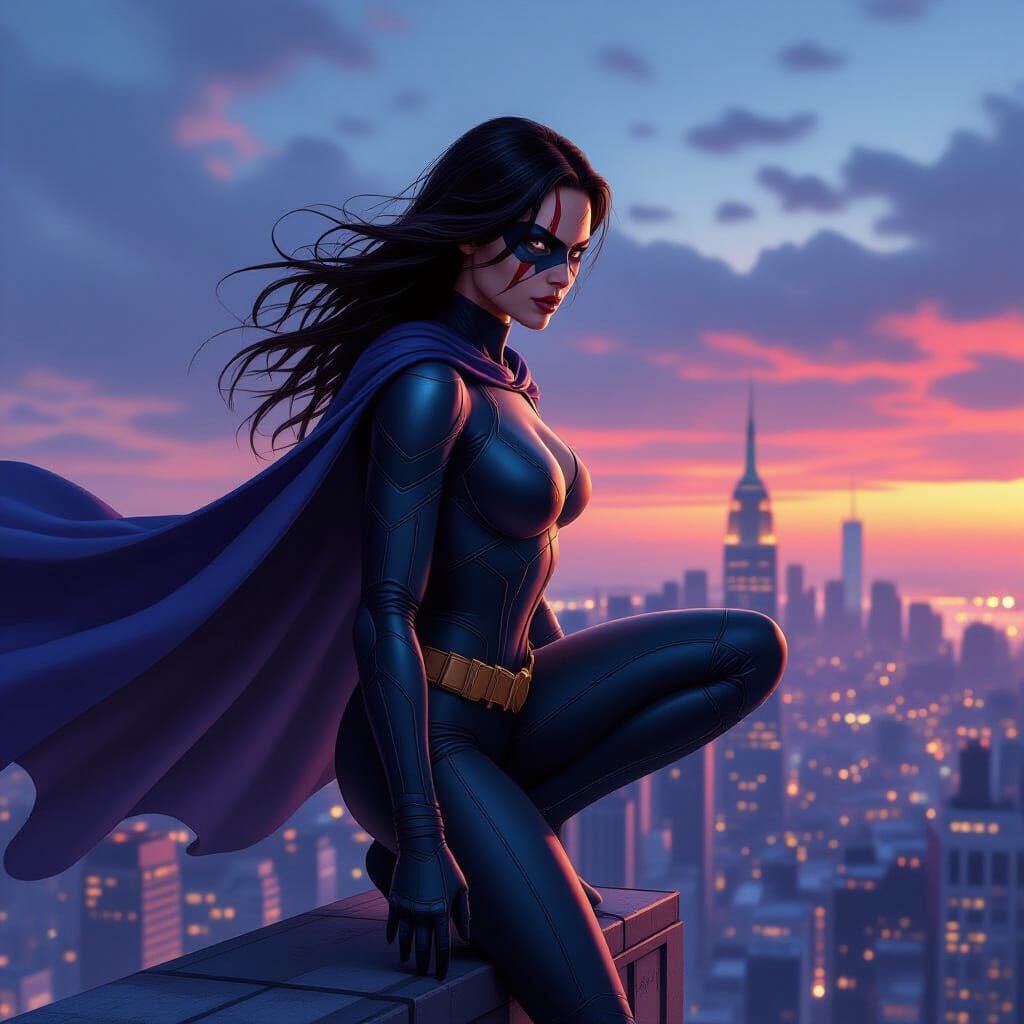 Superhero Vigil at Dusk Over Cityscape