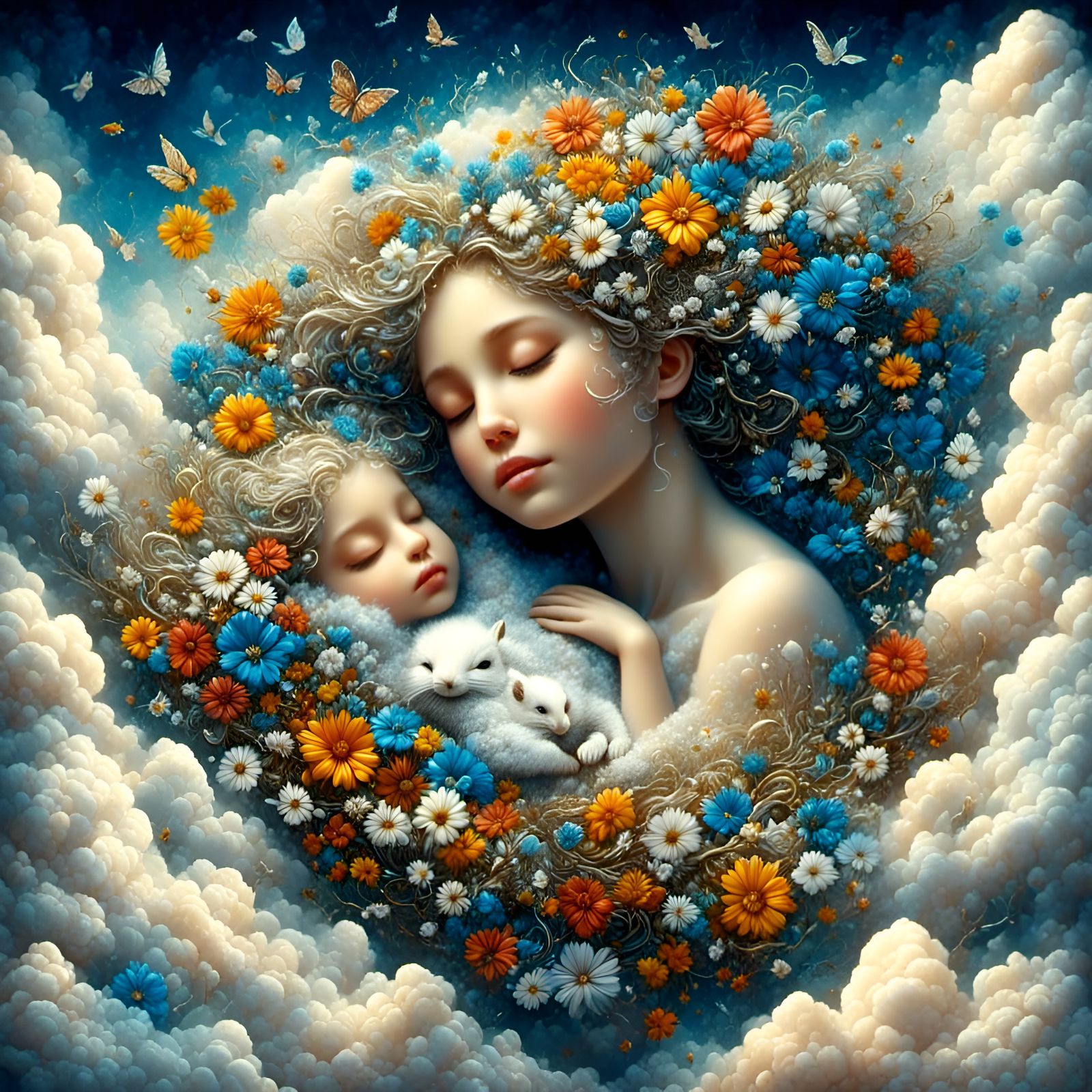 Josephine Wall inspired art of a girl sleeping in a cloud full of flowers while little cloud squirrels lay around her an...