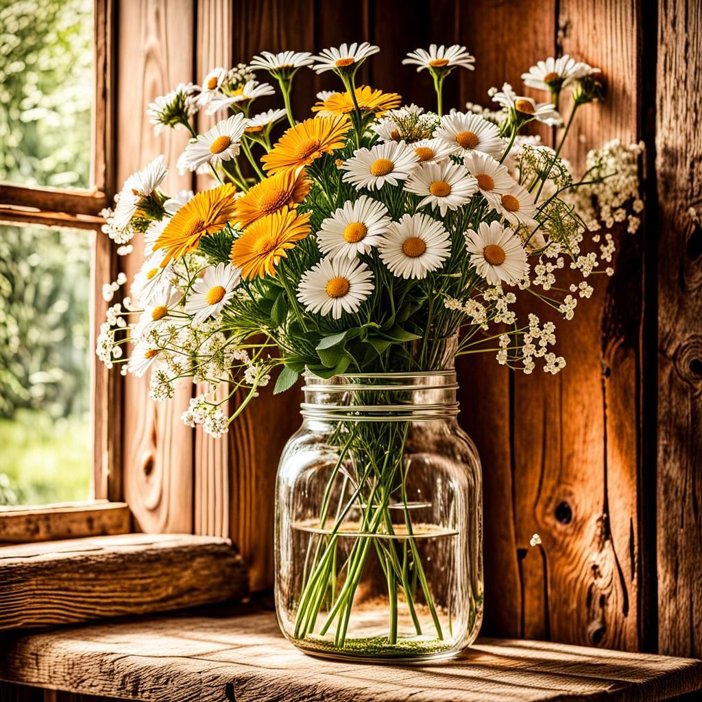 Rustic Field Flower Still Life in Farmhouse Kitchen
