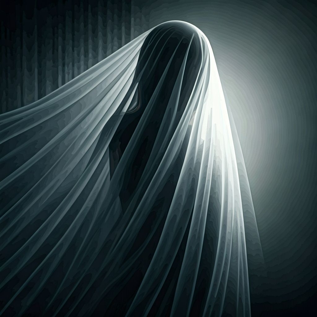 Mysterious Figure Behind Veil in Dark, Foggy Forest